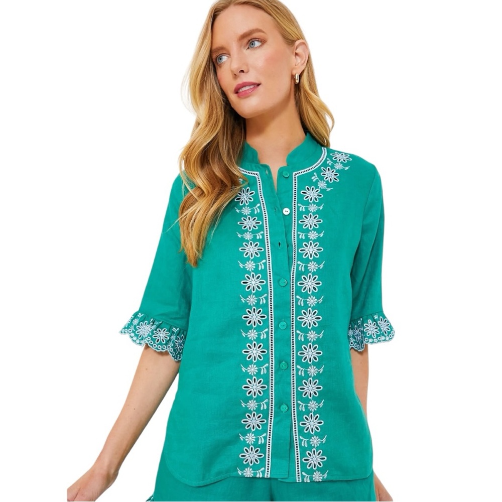 NWT Tuckernuck Hyacinth House Embroidered Linen Montauk Lounge Shirt Green
